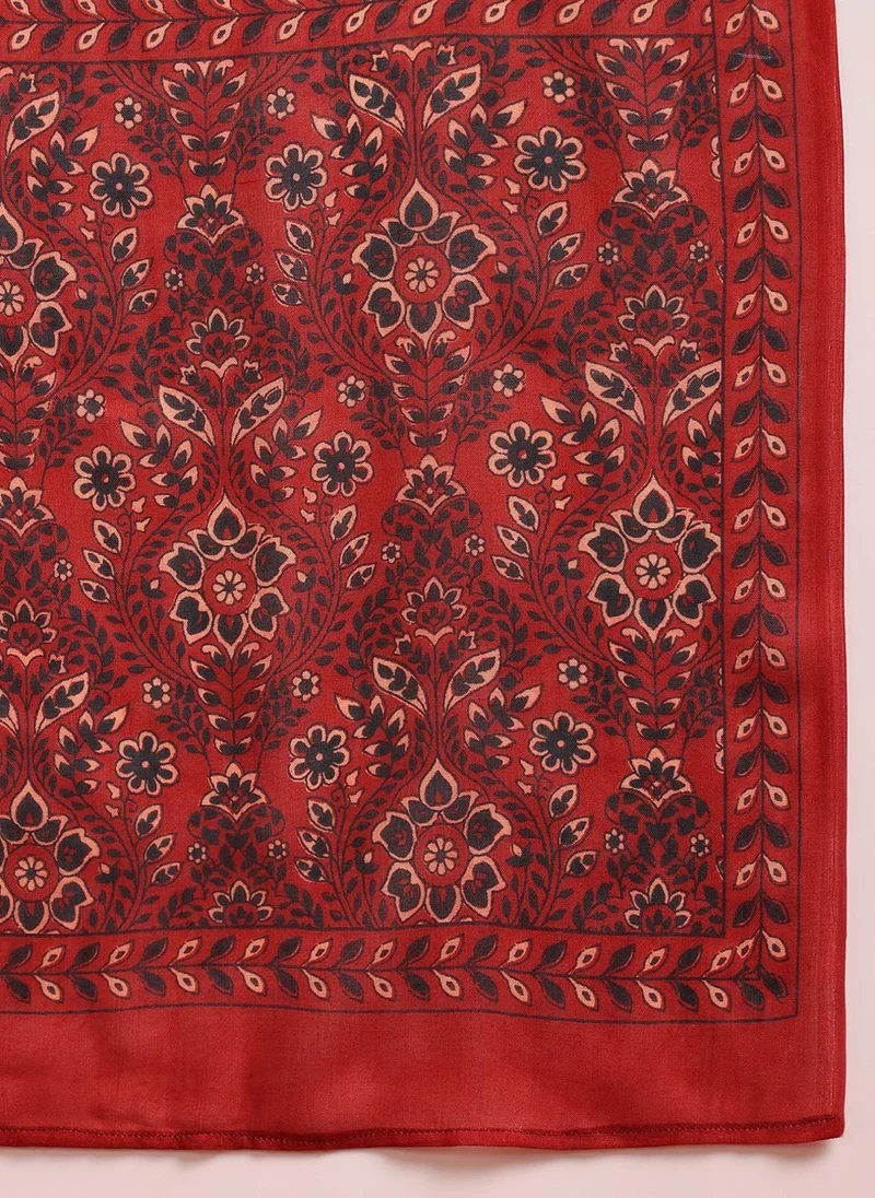 زيري سوق Red Rayon Blend Floral Printed A-Line 3-Piece Kurta Set
