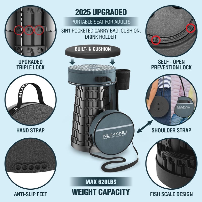 NUMANU 2026 Upgraded XXL Collapsible Stool & 3IN1 Cushioned Carry Bag, 2.6"-19.7" Height Adjustable, Max 1,000lbs Portable Retractable Telescoping Seat, Foldable Camping Stool for Adults (XXL Square) - Image 2