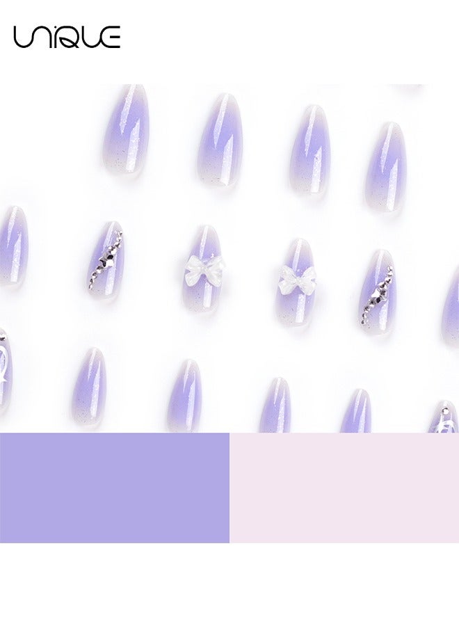 Unique 24 Pcs Fake Nails - Mid-Almond Manicure - Star Diamond Manicure - Shiny Purple Manicure - Fake Nail Patch  - Image 3