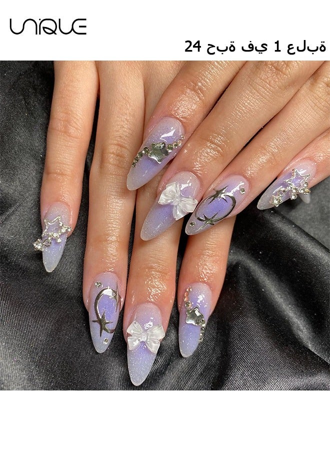 Unique 24 Pcs Fake Nails - Mid-Almond Manicure - Star Diamond Manicure - Shiny Purple Manicure - Fake Nail Patch  - Image 1