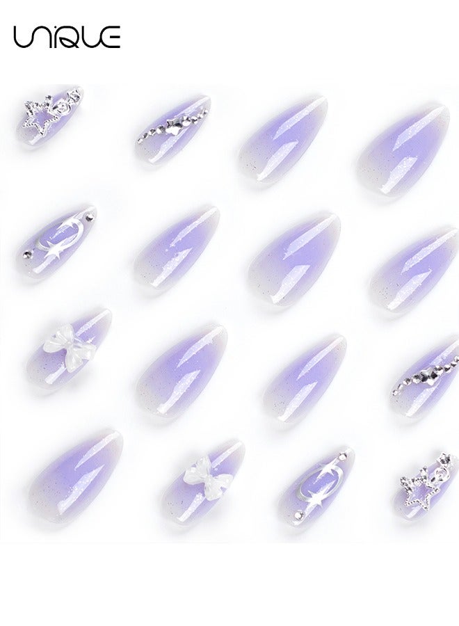 Unique 24 Pcs Fake Nails - Mid-Almond Manicure - Star Diamond Manicure - Shiny Purple Manicure - Fake Nail Patch  - Image 4