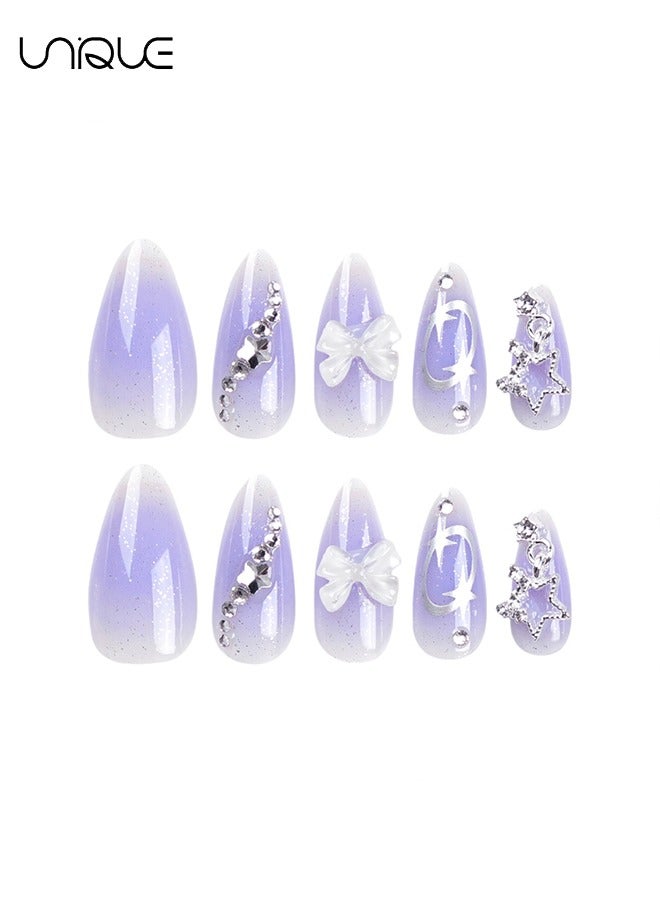 Unique 24 Pcs Fake Nails - Mid-Almond Manicure - Star Diamond Manicure - Shiny Purple Manicure - Fake Nail Patch  - Image 5