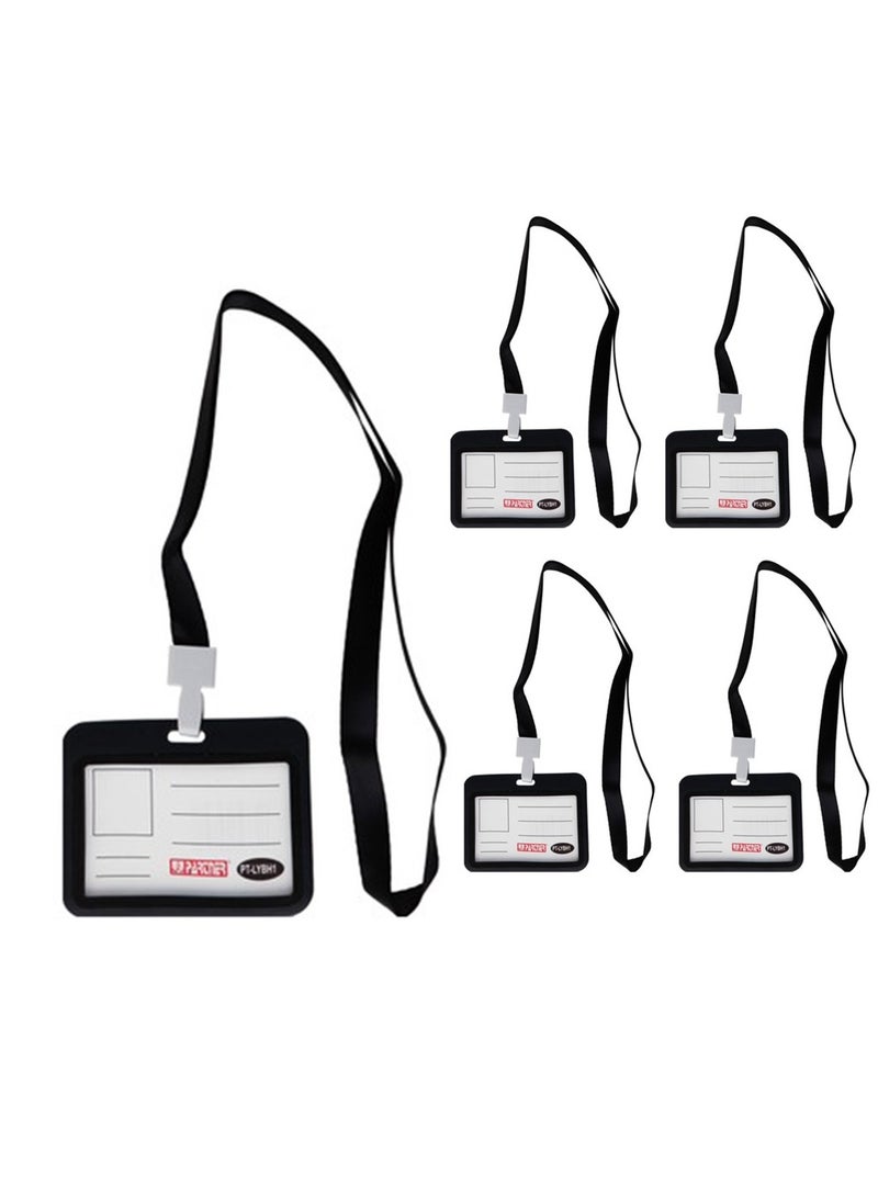 5-Piece ID Card Holder Horizontal With Lanyard Black Colour