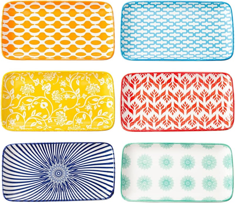 Cerkik Rectangle Serving Plates Set  8 Inch Rectangular Ceramic Dinner Appetizer Dishes  Porcelain Platter for Sushi Salad Dessert Pasta  Oven Microwave Dishwasher Safe  Set of 6  Assorted Colors - Image 1