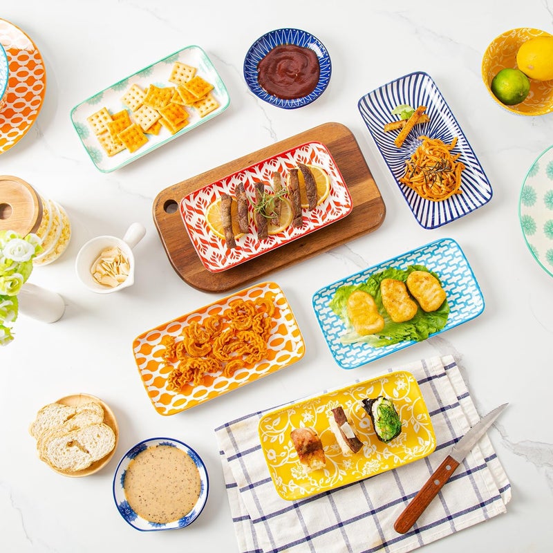 Cerkik Rectangle Serving Plates Set  8 Inch Rectangular Ceramic Dinner Appetizer Dishes  Porcelain Platter for Sushi Salad Dessert Pasta  Oven Microwave Dishwasher Safe  Set of 6  Assorted Colors - Image 3