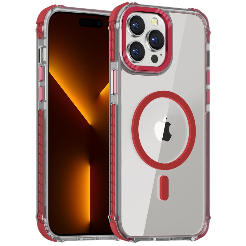 DEERLAMN Strong Magnetic Case for iPhone 15 Pro Max 6.7-Inch,[Compatible with Magsafe][Military Grade Drop Protection] Clear Slim Shockproof Protective Phone Cover-Transparent+Red - Image 1