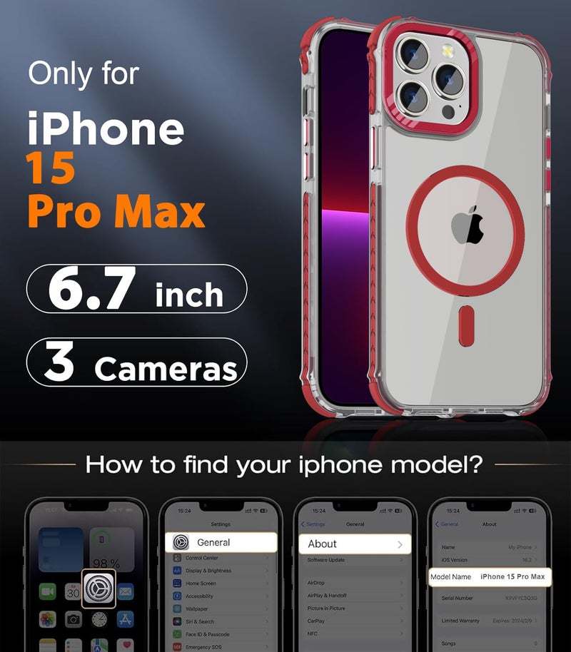 DEERLAMN Strong Magnetic Case for iPhone 15 Pro Max 6.7-Inch,[Compatible with Magsafe][Military Grade Drop Protection] Clear Slim Shockproof Protective Phone Cover-Transparent+Red - Image 2