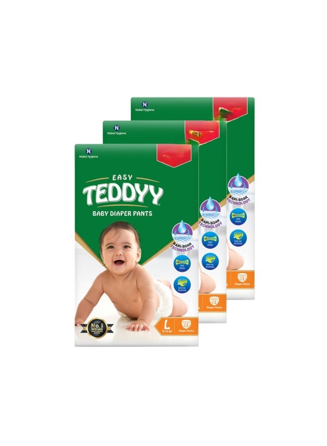 TEDDYY Easy Baby L Size Diaper Pant Style| 12 Count (Large) | 9–14 kg (Pack of 3) | Long Protection Hours | Anti-Bacterial | Airy Breathable Fit | Rapid Soaker Channels & Wetness Indicator
