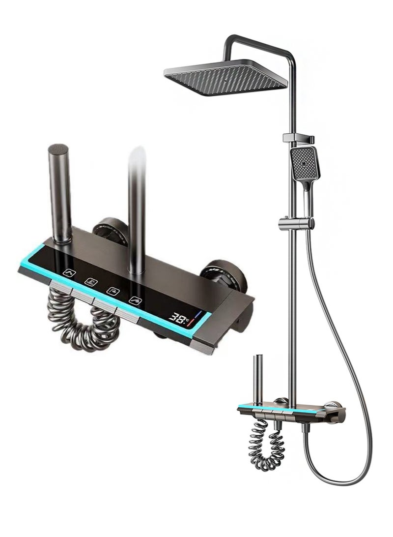 هالونهي مجموعة صنبور دش ترموستاتي بيانو مع شاشة رقمية ومجموعة دش مطري مثبتة على الحائط مع نظام دش رمادي مع أضواء محيطة LED، رأس دش 12 بوصة، 3 أوضاع محمولة باليد، صنبور حوض - Image 1