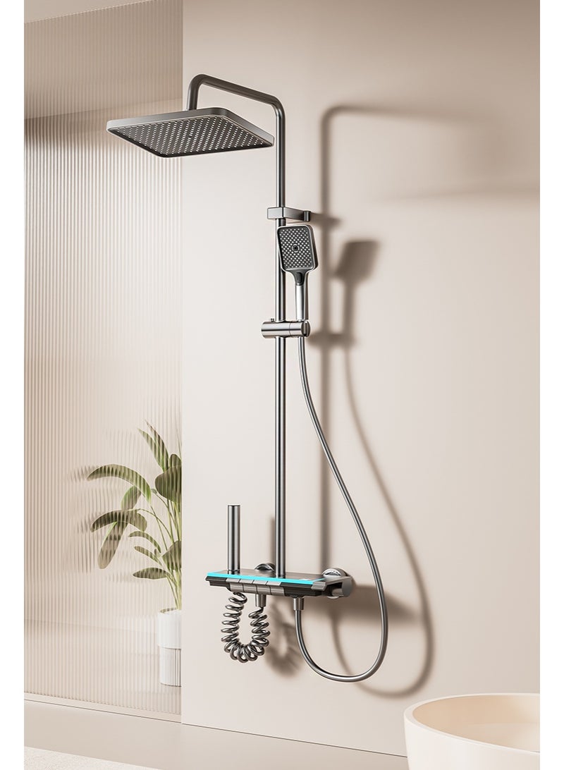 هالونهي مجموعة صنبور دش ترموستاتي بيانو مع شاشة رقمية ومجموعة دش مطري مثبتة على الحائط مع نظام دش رمادي مع أضواء محيطة LED، رأس دش 12 بوصة، 3 أوضاع محمولة باليد، صنبور حوض - Image 2