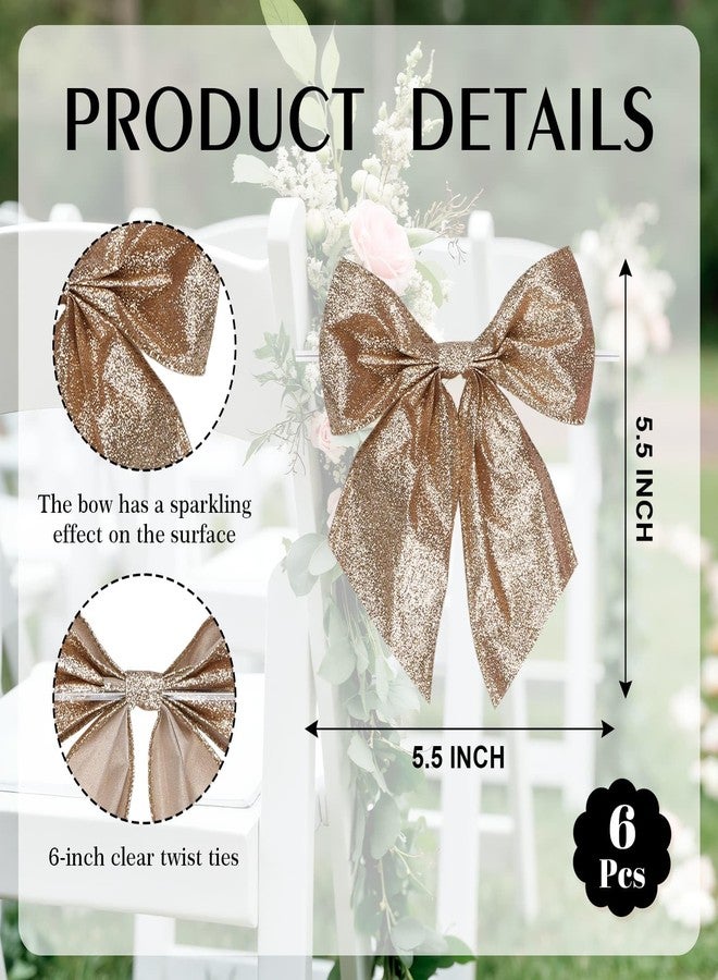 YKW 6 PCS Champagne Gold Glitter Bow Decorations with 6" Twist Tie, 5.5x6 Ribbon Wreaths Ornaments for Wedding Wrapping Holiday Party Elegant Home Decor - Image 2