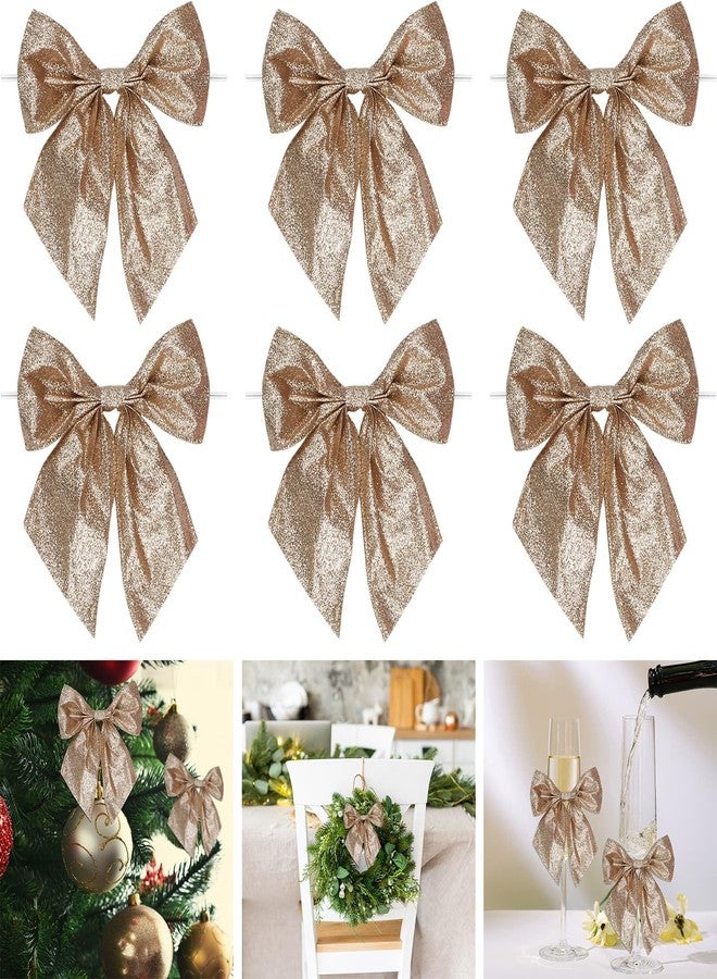 YKW 6 PCS Champagne Gold Glitter Bow Decorations with 6" Twist Tie, 5.5x6 Ribbon Wreaths Ornaments for Wedding Wrapping Holiday Party Elegant Home Decor - Image 1
