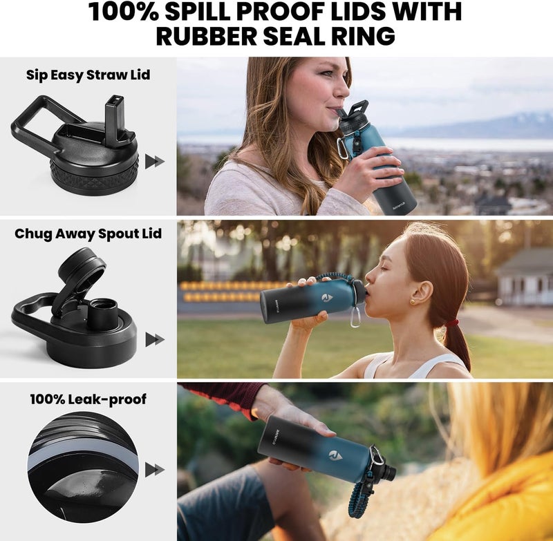 Insulated Water Bottle 40 oz, Triple Wall Vacuum Stainless Steel (Cold for 36Hrs, Hot for 18Hrs), Leak Proof & Non-BPA, Modern Water Flask Jug with Paracord Handle & Straw Spout Lids - Image 3