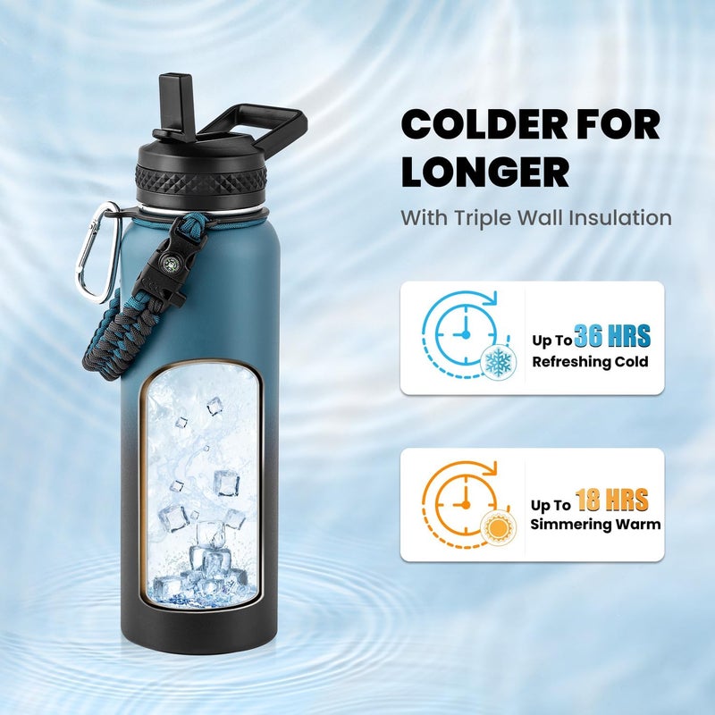 Insulated Water Bottle 40 oz, Triple Wall Vacuum Stainless Steel (Cold for 36Hrs, Hot for 18Hrs), Leak Proof & Non-BPA, Modern Water Flask Jug with Paracord Handle & Straw Spout Lids - Image 2