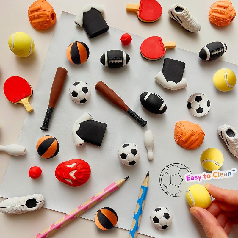 Kaemi 32 Pcs Sports Erasers Desk Pets for Kids Classroom Prizes Fun Cool 3D Puzzle Erasers Bulk Mini Cute Pencil Eraser Pals Toys for Party Favors Treasure Box Goodie Bag Stuffers - Image 2