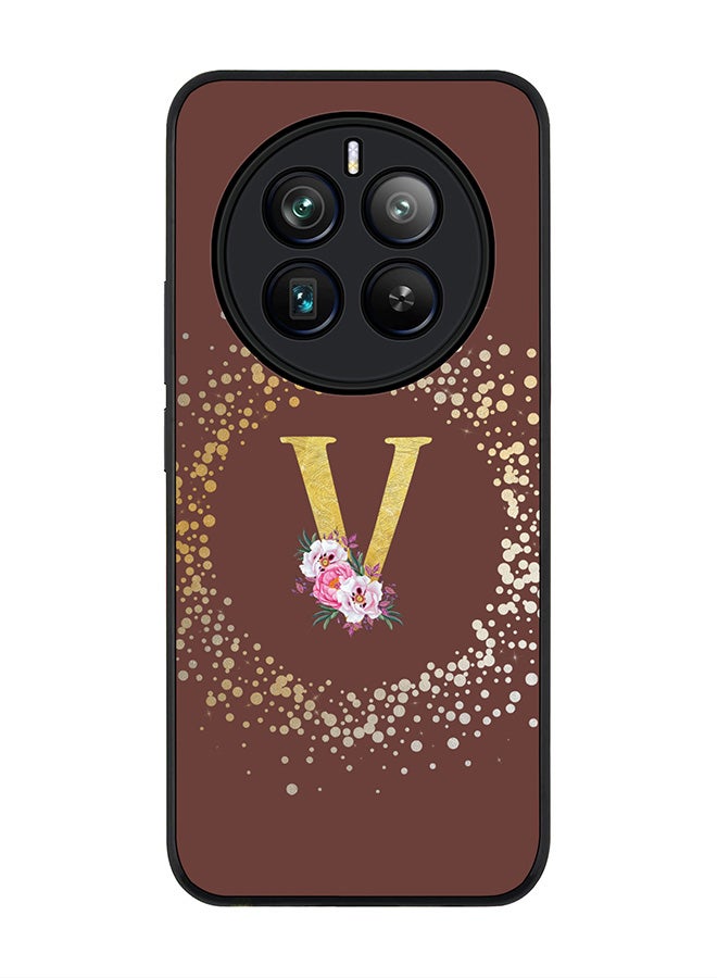 Stylizedd Rugged Black edge case for Realme 12 Pro / Realme 12 Pro Plus 5G, Slim fit Custom Monogram Initial Letter Floral Pattern Alphabet-V (Brown ) - Image 1