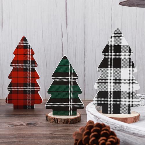 Sereliy 3 Pieces Wooden Christmas Tree Decor Buffalo Plaid Xmas Tiered Tray Ornaments for Christmas Home Tabletop Party Decor Classic - Image 1