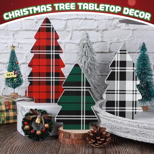 Sereliy 3 Pieces Wooden Christmas Tree Decor Buffalo Plaid Xmas Tiered Tray Ornaments for Christmas Home Tabletop Party Decor Classic - Image 3