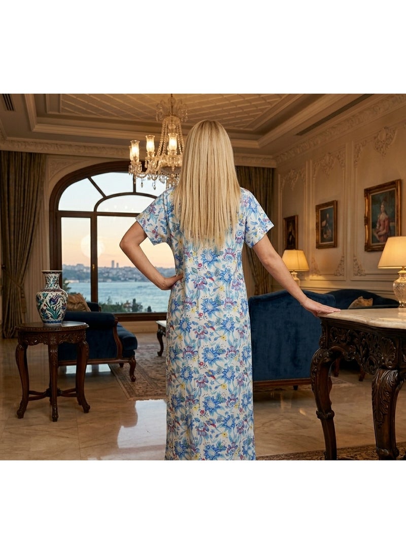 جلابية نسائية قطنية فاخرة بنقوش زهور - فستان منزلي مريح وأنيق - تصميم شرقي عصري - Image 2