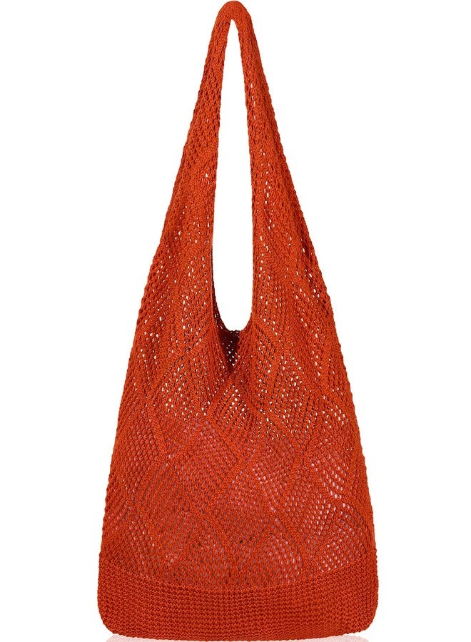 WantGor Crochet Bags, Beach Mesh Tote Bag Womens Shoulder Shopping Handbag Casual Travel Totes Bag Foldable Hobo Bags, Bright Orange, 35 cm x 5 cm x 36 cm - Image 1