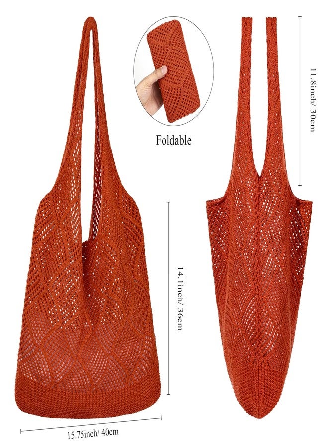 WantGor Crochet Bags, Beach Mesh Tote Bag Womens Shoulder Shopping Handbag Casual Travel Totes Bag Foldable Hobo Bags, Bright Orange, 35 cm x 5 cm x 36 cm - Image 4