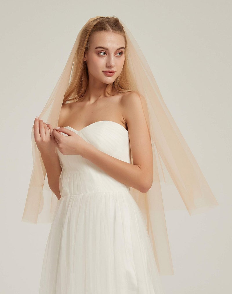 Leimandy Double Layer Tulle Bridal Veil 2 -Tier Sheer Wedding Veil with Comb for Wedding Ceremony Bridal Party B013 (Champagne, 40'' length) - Image 2