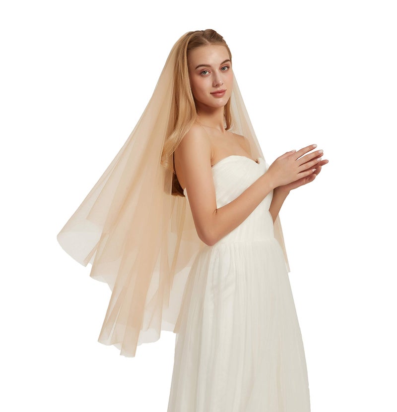 Leimandy Double Layer Tulle Bridal Veil 2 -Tier Sheer Wedding Veil with Comb for Wedding Ceremony Bridal Party B013 (Champagne, 40'' length) - Image 1