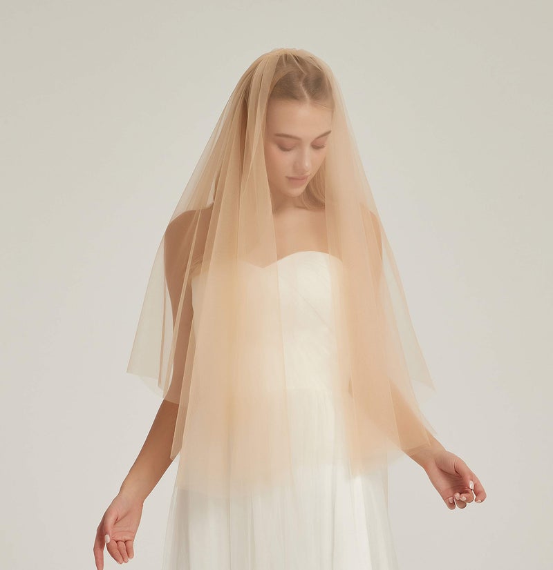 Leimandy Double Layer Tulle Bridal Veil 2 -Tier Sheer Wedding Veil with Comb for Wedding Ceremony Bridal Party B013 (Champagne, 40'' length) - Image 4