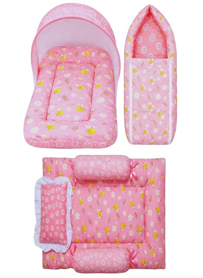 Toddylon Baby Bedding Set for New Born (0-6 Months) | Newborn Baby Bed Set Gift Combo3 Pcs Cotton | Baby Bed with Mosquito Net & Carry Bag (Pink) - Image 1