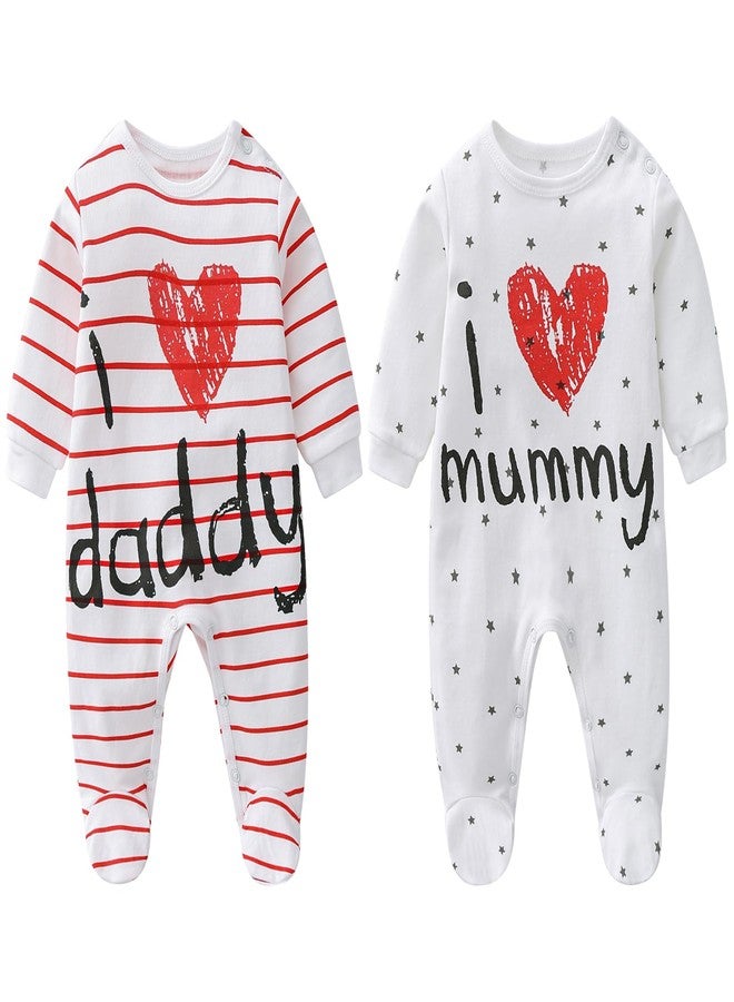 aomomo Unisex-Baby Clothes Twins Bodysuits I Love Daddy Mummy Romper Set, Newborn Cotton Footed Pajamas (0-3 Months) - Image 1