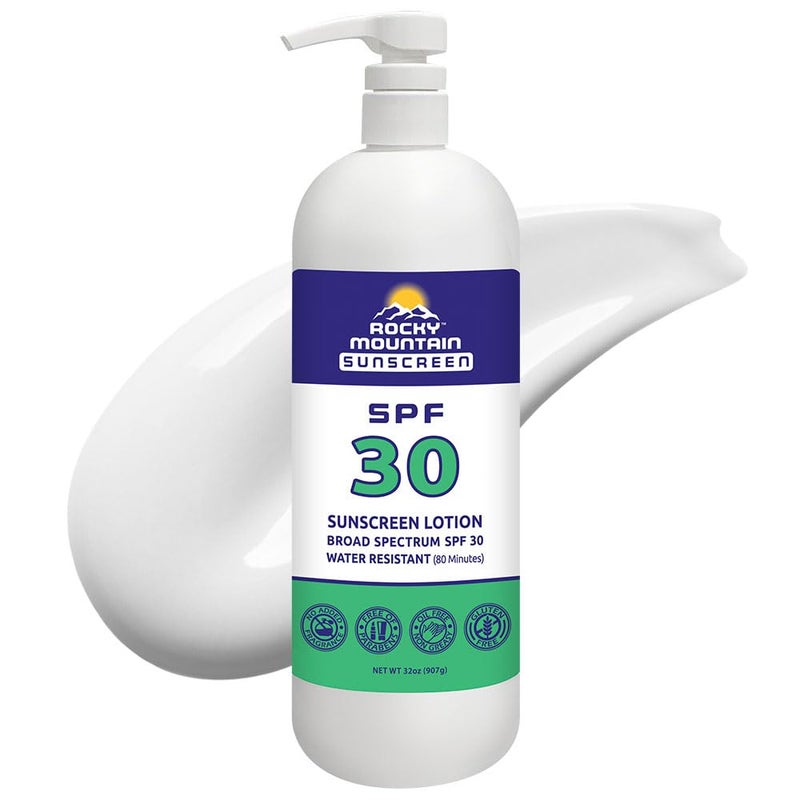 لوشن واقي من الشمس من روكي ماونتن SPF 30 | حماية واسعة الطيف من UVA/UVB | متوافق مع قانون الشعاب المرجانية هاواي 104 (خالي من الأوكسي بنزون والأوكتينوكات) | مقاوم للماء لمدة 80 دقيقة | ربع جالون مع مضخة (32 أونصة سائلة)