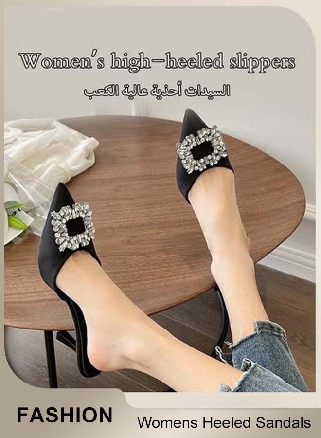 High Heel Mules for Women, Closed Pointed Toe Sandals, Backless Sandals with Square Rhinestone, Classy Stiletto Pumps for Ladies, Formal Slingback Mule Sandals, Women's Dress Walking Shoes, Black Heeled Sandals for Dress, Casual, Daily Outfits - Image 2