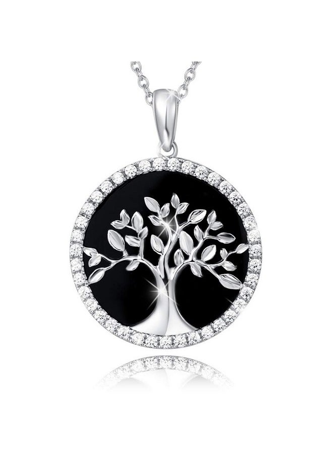Agvana Sterling Silver Tree Of Life Necklace For Women Genuine Black Onyx Cz Dainty Family Tree Pendant Anniversary Jewelry Birthday Gifts For Women Girls Mom Grandma Wife Daughter  - Image 1