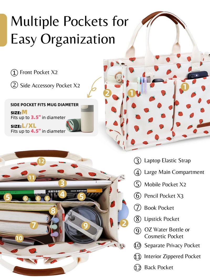 BESBESME Canvas Tote Bag for Women with Zipper, Compartments & Luggage Sleeve, Work and College Crossbody Bag, Laptop Purse for Teacher, Nurse, Travel, Bible Study, Beige Small Strawberry M - Image 3