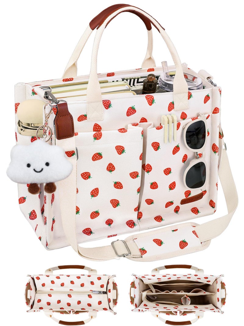 BESBESME Canvas Tote Bag for Women with Zipper, Compartments & Luggage Sleeve, Work and College Crossbody Bag, Laptop Purse for Teacher, Nurse, Travel, Bible Study, Beige Small Strawberry M - Image 1