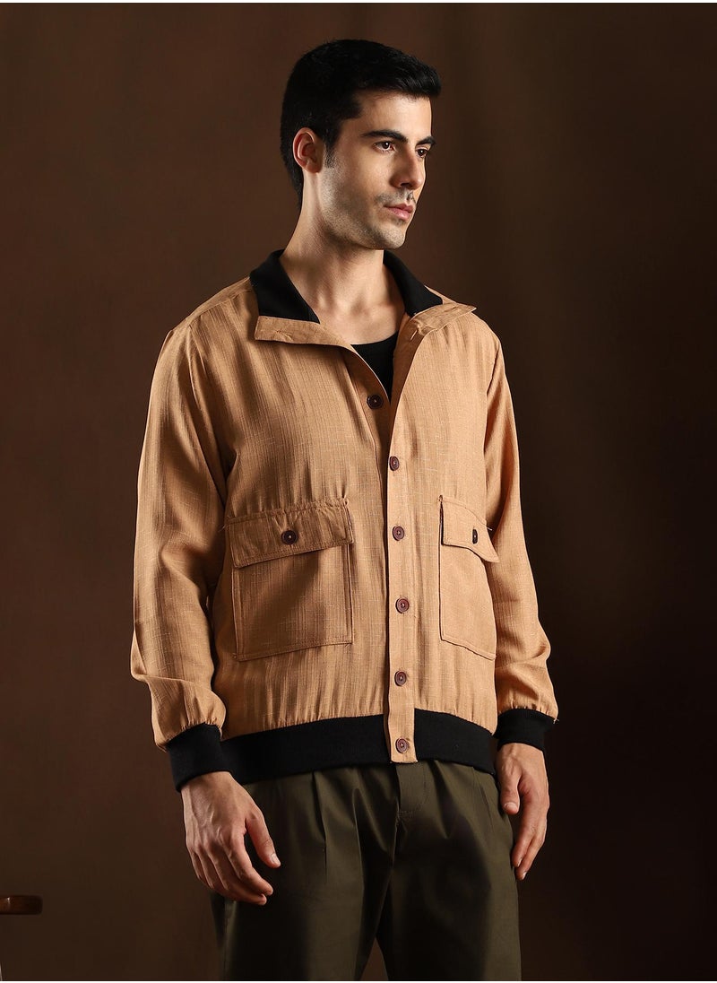 Campus Sutra Campus Sutra Men's Khaki Beige Tactile-Utility Bomber Jacket For Casual Wear | High Collar | Long Regular Sleeves | Button Closure | Jacket Crafted With Comfort Fit For Everyday Wear  - Image 3
