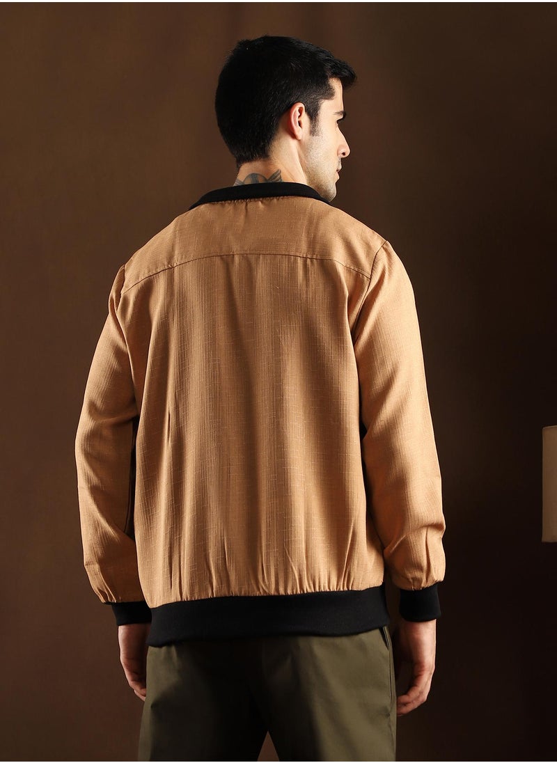 Campus Sutra Campus Sutra Men's Khaki Beige Tactile-Utility Bomber Jacket For Casual Wear | High Collar | Long Regular Sleeves | Button Closure | Jacket Crafted With Comfort Fit For Everyday Wear  - Image 5
