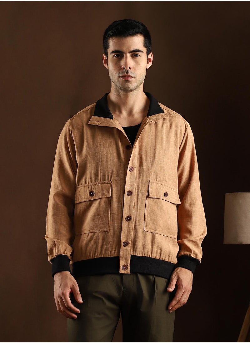 Campus Sutra Campus Sutra Men's Khaki Beige Tactile-Utility Bomber Jacket For Casual Wear | High Collar | Long Regular Sleeves | Button Closure | Jacket Crafted With Comfort Fit For Everyday Wear  - Image 2