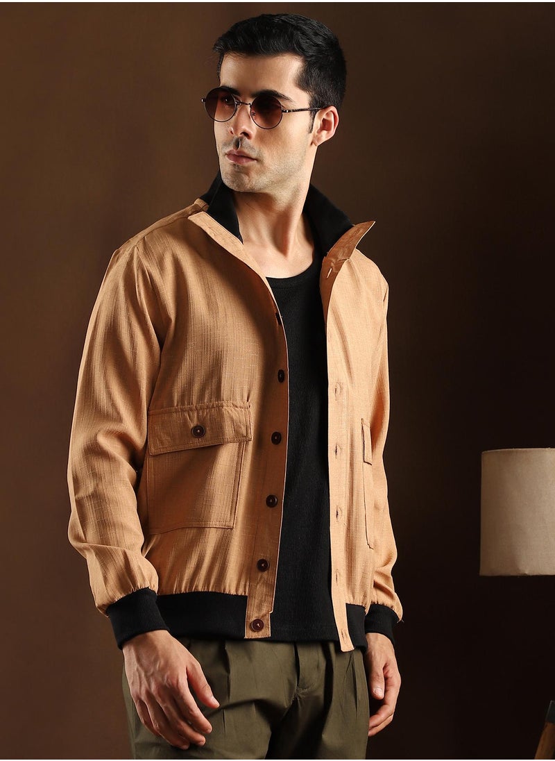 Campus Sutra Campus Sutra Men's Khaki Beige Tactile-Utility Bomber Jacket For Casual Wear | High Collar | Long Regular Sleeves | Button Closure | Jacket Crafted With Comfort Fit For Everyday Wear  - Image 1