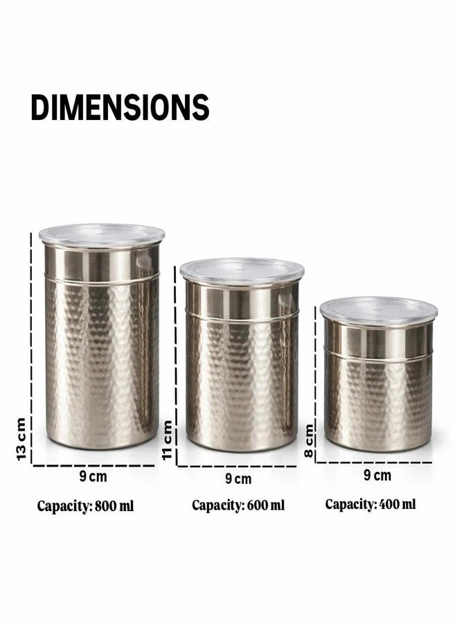STEEPLE Stainless Steel Storage Container Set of 3 | Hammered Textured Container | Kitchen Canisters for Tea, Coffee, Sugar & Dry Fruits | Food Grade Steel Jars (400ml 600ml 800ml) - Image 3