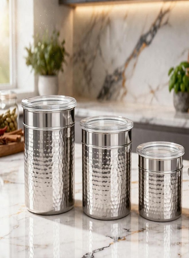STEEPLE Stainless Steel Storage Container Set of 3 | Hammered Textured Container | Kitchen Canisters for Tea, Coffee, Sugar & Dry Fruits | Food Grade Steel Jars (400ml 600ml 800ml) - Image 1