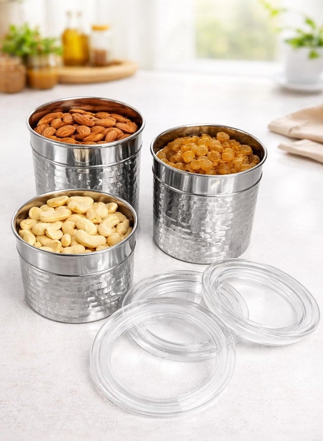 STEEPLE Stainless Steel Storage Container Set of 3 | Hammered Textured Container | Kitchen Canisters for Tea, Coffee, Sugar & Dry Fruits | Food Grade Steel Jars (400ml 600ml 800ml) - Image 2