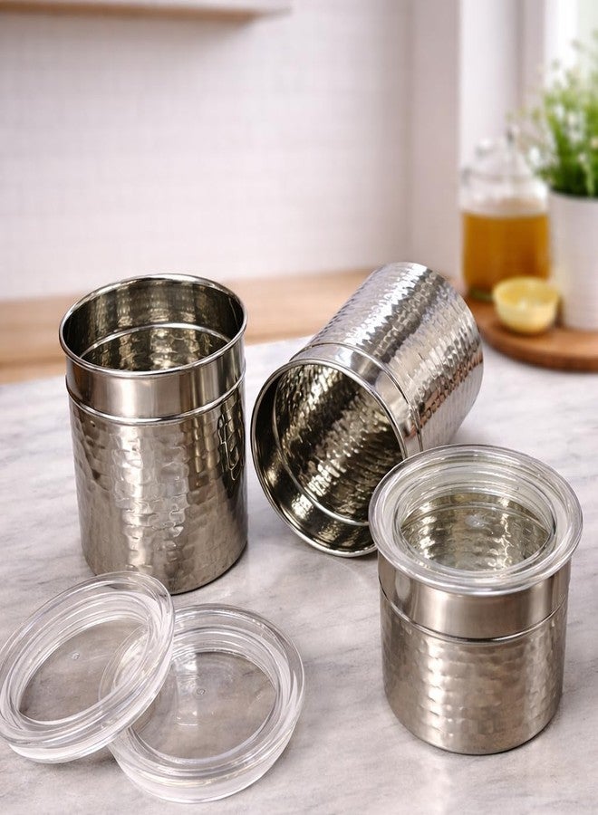 STEEPLE Stainless Steel Storage Container Set of 3 | Hammered Textured Container | Kitchen Canisters for Tea, Coffee, Sugar & Dry Fruits | Food Grade Steel Jars (400ml 600ml 800ml) - Image 4
