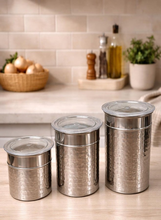 STEEPLE Stainless Steel Storage Container Set of 3 | Hammered Textured Container | Kitchen Canisters for Tea, Coffee, Sugar & Dry Fruits | Food Grade Steel Jars (400ml 600ml 800ml) - Image 5