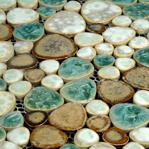 Hominter Pebble Porcelain Mosaic Glossy Mixed Aqua, Cream & Coffee Glazed Ceramic Tile for Bathroom, Shower Floor, Accent Wall, Spa Decor (5 Square Feet) - Image 3