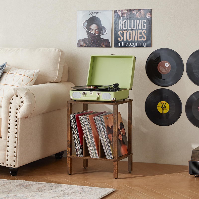LELELINKY 2-Tier Record Player Stand with Vinyl Record Storage up to 100 Albums, Bedroom Record Holder and Multi-Functional End Table for Living Room, Brown - Image 5