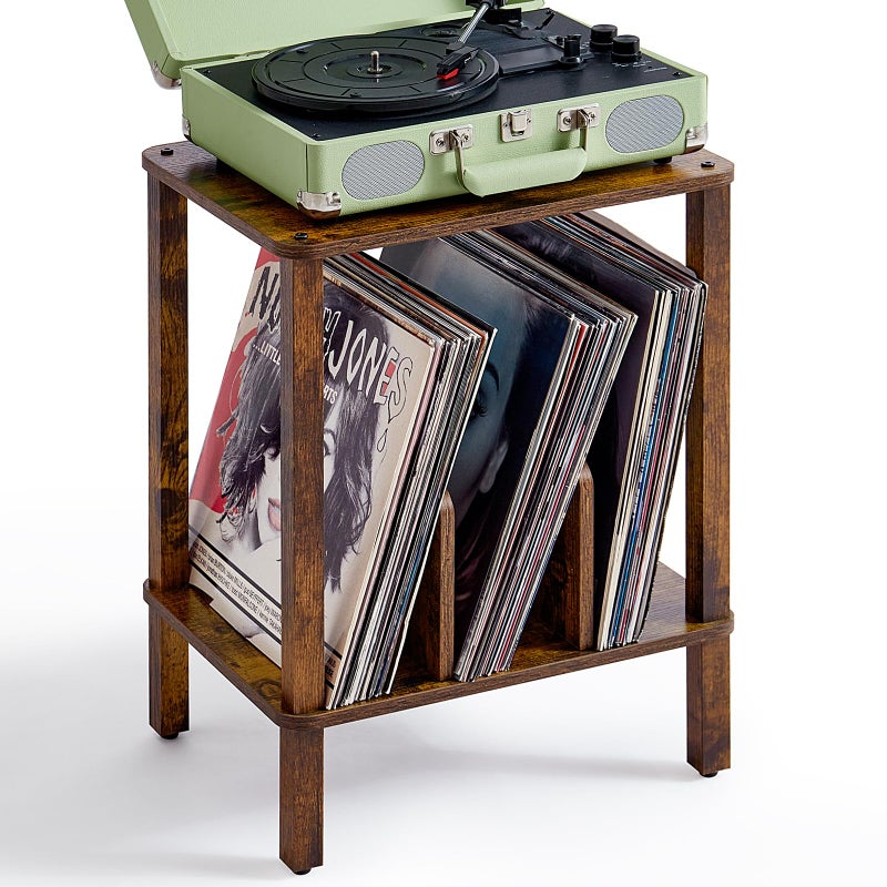 LELELINKY 2-Tier Record Player Stand with Vinyl Record Storage up to 100 Albums, Bedroom Record Holder and Multi-Functional End Table for Living Room, Brown - Image 1