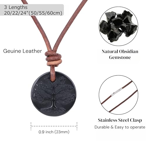 COAI Black Obsidian Pendant Tree of Life Necklace for Men Women, Genuine Leather Necklace for Men Women 20" - Image 3