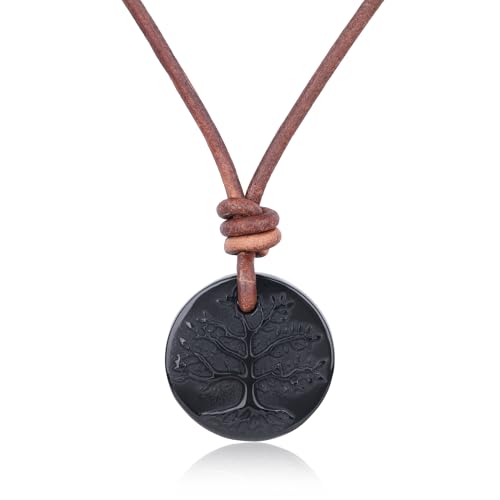 COAI Black Obsidian Pendant Tree of Life Necklace for Men Women, Genuine Leather Necklace for Men Women 20" - Image 1
