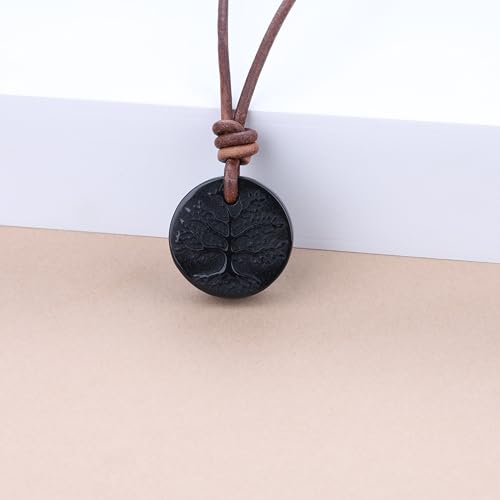 COAI Black Obsidian Pendant Tree of Life Necklace for Men Women, Genuine Leather Necklace for Men Women 20" - Image 4